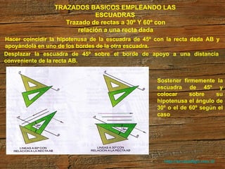 http://arrobadtgd.mex.tl/ TRAZADOS BASICOS EMPLEANDO LAS ESCUADRAS Trazado de rectas a 30º Y 60º con relación a una recta dada Hacer coincidir la hipotenusa de la escuadra de 45º con la recta dada AB y apoyándola en uno de los bordes de la otra escuadra. Desplazar la escuadra de 45º sobre el borde de apoyo a una distancia conveniente de la recta AB. Sostener firmemente la escuadra de 45º y colocar sobre su hipotenusa el ángulo de 30º o el de 60º según el caso 