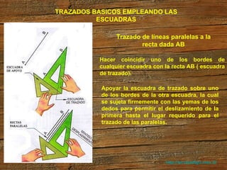 http://arrobadtgd.mex.tl/ TRAZADOS BASICOS EMPLEANDO LAS ESCUADRAS Trazado de líneas paralelas a la recta dada AB Hacer coincidir uno de los bordes de cualquier escuadra con la recta AB ( escuadra de trazado).  Apoyar la escuadra de trazado sobre uno de los bordes de la otra escuadra, la cual se sujeta firmemente con las yemas de los dedos para permitir el deslizamiento de la primera hasta el lugar requerido para el trazado de las paralelas. 