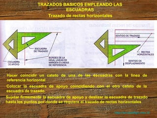 http://arrobadtgd.mex.tl/ TRAZADOS BASICOS EMPLEANDO LAS ESCUADRAS Trazado de rectas horizontales Hacer coincidir un cateto de una de las escuadras con la línea de referencia horizontal Colocar la escuadra de apoyo coincidiendo con el otro cateto de la escuadra de trazado.  Sujetar firmemente la escuadra de apoyo y deslizar la escuadra de trazado  hasta los puntos por donde se requiere el trazado de rectas horizontales  