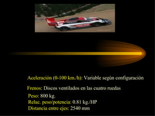 Aceleración (0-100 km./h):  Variable según configuración  Frenos:  Discos ventilados en las cuatro ruedas  Peso:  800 kg.  Relac. peso/potencia:  0.81 kg./HP  Distancia entre ejes:  2540 mm  