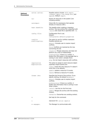 A Administrative Commands
104 ESM Administrator’s Guide Confidential
Optional
Parameters
-action <action> Possible actions include: diff, export,
i18nsync, import, list, merge, sort, and
upgrade. Default: export.
-all Export all resources in the system (not
including events).
-autorepair Check ARL for expressions that operate
directly on resource URI's.
-base <basefile> The basefile when creating a migration
archive. The new archive file is specified with
–source (the result file is specified with –f).
-config <file> Configuration file to use.
Default:
config/server.defaults.properties
-conflict
<conflictpolicy>
The policy to use for conflicts resolution.
Possible policies are:
default: Prompts user to resolve import
conflicts.
force: Conflicts are resolved by the new
overwriting the old.
overwrite: Merges resources, but does not
perform any union of relationships.
preferpackage: if there is a conflict, it
prefers the information in the package that is
coming in over what is already there.
skip: Do not import resources with conflicts.
-exportaction
<exportaction>
The action to assign to each resource object
exported. Export actions are:
insert: Insert the new resource if it doesn’t
exist (this is the default).
update: Update a resource if it exists.
remove: Remove a resource if it exists.
-format <fmt> Specifies the format of the archive. If you
specify nothing, the default is default.
default: Prompts user to resolve import
conflicts.
preferarchive: if there is a conflict, it
prefers the information that is coming in over
what is there.
install: Use this for the first time.
update: Merges the archive with the existing
content.
overwrite: Overwrites any existing content.
-h Get help for this command.
-i (Synonym for –action import.)
-m <manager> The Manager to communicate with.
 
