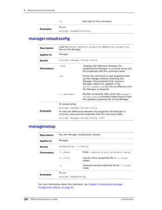 A Administrative Commands
120 ESM Administrator’s Guide Confidential
manager-reload-config
managersetup
For more information about this command, see Chapter 4‚ Running the Manager
Configuration Wizard‚ on page 83.
-h Get help for this command
Examples
To run:
arcsight managerinventory
Description
Load the server.defaults.properties and server.properties
files on the Manager
Applies to Manager
Syntax arcsight manager-reload-config
Parameters
-diff Displays the difference between the
properties the Manager is currently using and
the properties that this command loads
-as Forces the command to load properties that
can be changed without restarting the
Manager. The properties that require a
Manager restart are updated in the
server.properties but are not effective until
the Manager is restarted
-t <seconds> Number of seconds after which the manager-
reload-config command stops trying to load
the updated properties file on the Manager
Examples
To reload config:
arcsight manager-reload-config
To view the differences between the properties the Manager is
currently using and the properties that this command loads:
arcsight manager-reload-config -diff
Description Run the Manager Configuration Wizard
Applies to Manager
Syntax managersetup –i console
Parameters -i <mode> Mode: console, silent, recorderui, swing
-f <file> Log file name (properties file in –i silent
mode)
-g Generate sample properties file for –i silent
mode
Examples
To run:
arcsight managersetup
 
