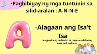 ·Pagbibigay ng mga tuntunin sa
silid-aralan : A-N-N-E
• Magpakita ng malasakit at respeto sa lahat ng
nasa loob ng klase.
-Alagaan ang Isa’t
Isa
 