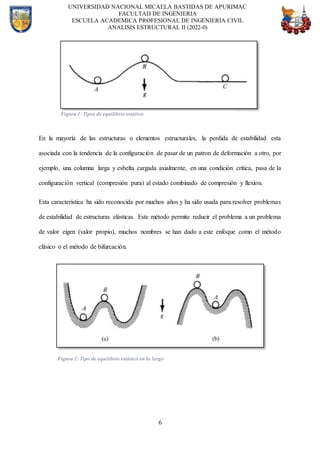 UNIVERSIDAD NACIONAL MICAELA BASTIDAS DE APURIMAC
FACULTAD DE INGENIERIA
ESCUELA ACADEMICA PROFESIONAL DE INGENIERIA CIVIL
ANALISIS ESTRUCTURAL II (2022-0)
6
En la mayoría de las estructuras o elementos estructurales, la perdida de estabilidad esta
asociada con la tendencia de la configuración de pasar de un patron de deformación a otro, por
ejemplo, una columna larga y esbelta cargada axialmente, en una condición critica, pasa de la
configuración vertical (compresión pura) al estado combinado de compresión y flexion.
Esta característica ha sido reconocida por muchos años y ha sido usada para resolver problemas
de estabilidad de estructuras elásticas. Este método permite reducir el problema a un problema
de valor eigen (valor propio), muchos nombres se han dado a este enfoque como el método
clásico o el método de bifurcación.
Figura 2: Tipo de equilibrio estático en lo largo
Figura 1: Tipos de equilibrio estático
 