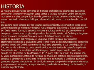 HISTORIA La historia de Las Marías comienza en tiempos prehistóricos, cuando los guaraníes dominaban la región y ocupaban estas tierras a las que llamaban Umbú. Los gratos momentos y mates compartidos bajo la generosa sombra de esos árboles habrá, acaso,  inspirado el nombre del lugar, al costado del camino con rumbo a la cruz del sur.  Ese camino sería tomado por los jesuitas en su conquista, se convertiría luego en el Camino Real de los Yerbales y llegaría  hasta nuestros días como la Ruta Nacional Nº 14. De la misma forma, la estancia misionera ubicada en Umbú se convirtió con el tiempo en una enorme propiedad ganadera llamada la Vuelta del Ombú que luego se convertiría en la ciudad de Virasoro y en el Establecimiento Las Marías. Luego de la guerra del Paraguay, el uruguayo Víctor Navajas, por entonces prominente vecino de la ciudad de Santo Tomé y uno de sus refundadores, compró la estancia Vuelta del Ombú. A su muerte, legó esta propiedad a sus siete hijos. En la fracción sur de la Estancia, cerca de dónde los jesuitas tenían la pequeña capilla de Santa María, uno de sus hijos, Adolfo Navajas, bautizó la porción de tierra que heredó con el nombre de Las Marías en 1912, poco antes de morir. Ese mismo año, su viuda Concepción Centeno de Navajas, se mudó a la estancia con sus cuatro hijos, decidida a obtener de la tierra una forma de vida, sumándole a la clásica actividad ganadera algunas plantaciones. En 1912, ésta mujer compró dos mil plantas de yerba y las plantó en Las Marías, aunque sin éxito, quedando sin embargo en la familia, la simiente aquel intento. 