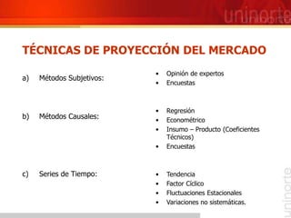 TÉCNICAS DE PROYECCIÓN DEL MERCADO
a) Métodos Subjetivos:
b) Métodos Causales:
c) Series de Tiempo:
• Opinión de expertos
• Encuestas
• Regresión
• Econométrico
• Insumo – Producto (Coeficientes
Técnicos)
• Encuestas
• Tendencia
• Factor Cíclico
• Fluctuaciones Estacionales
• Variaciones no sistemáticas.
 