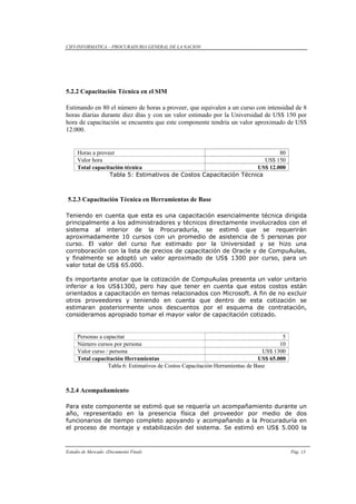 CIFI-INFORMATICA – PROCURADURIA GENERAL DE LA NACION
Estudio de Mercado (Documento Final) Pág. 13
5.2.2 Capacitación Técnica en el SIM
Estimando en 80 el número de horas a proveer, que equivalen a un curso con intensidad de 8
horas diarias durante diez días y con un valor estimado por la Universidad de US$ 150 por
hora de capacitación se encuentra que este componente tendría un valor aproximado de US$
12.000.
Horas a proveer 80
Valor hora US$ 150
Total capacitación técnica US$ 12.000
Tabla 5: Estimativos de Costos Capacitación Técnica
5.2.3 Capacitación Técnica en Herramientas de Base
Teniendo en cuenta que esta es una capacitación esencialmente técnica dirigida
principalmente a los administradores y técnicos directamente involucrados con el
sistema al interior de la Procuraduría, se estimó que se requerirán
aproximadamente 10 cursos con un promedio de asistencia de 5 personas por
curso. El valor del curso fue estimado por la Universidad y se hizo una
corroboración con la lista de precios de capacitación de Oracle y de CompuAulas,
y finalmente se adoptó un valor aproximado de US$ 1300 por curso, para un
valor total de US$ 65.000.
Es importante anotar que la cotización de CompuAulas presenta un valor unitario
inferior a los US$1300, pero hay que tener en cuenta que estos costos están
orientados a capacitación en temas relacionados con Microsoft. A fin de no excluir
otros proveedores y teniendo en cuenta que dentro de esta cotización se
estimaran posteriormente unos descuentos por el esquema de contratación,
consideramos apropiado tomar el mayor valor de capacitación cotizado.
Personas a capacitar 5
Número cursos por persona 10
Valor curso / persona US$ 1300
Total capacitación Herramientas US$ 65.000
Tabla 6: Estimativos de Costos Capacitación Herramientas de Base
5.2.4 Acompañamiento
Para este componente se estimó que se requería un acompañamiento durante un
año, representado en la presencia física del proveedor por medio de dos
funcionarios de tiempo completo apoyando y acompañando a la Procuraduría en
el proceso de montaje y estabilización del sistema. Se estimó en US$ 5.000 la
 