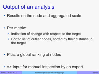 Output of an analysis
     Results on the node and aggregated scale


     Per metric:
         Indication of change with respect to the target
         Sorted list of outlier nodes, sorted by their distance to
         the target


     Plus, a global ranking of nodes


     => Input for manual inspection by an expert
ESWC - May 2012          Assessing Linked Data mappings              16/25
 
