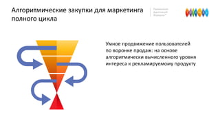 Алгоритмические закупки для маркетинга
полного цикла
Умное продвижение пользователей
по воронке продаж: на основе
алгоритмически вычисленного уровня
интереса к рекламируемому продукту
Применение
Адаптивной
Формулы™
 
