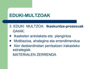 EDUKI-MULTZOAK 3. EDUKI  MULTZOA:  Ikaskuntza-prozesuak GAIAK: Ikasketen antolaketa eta  plangintza Motibazioa, ahalegina eta errendimendua Alor desberdinetan pentsatzen irakasteko estrategiak. MATERIALEN ZERRENDA 