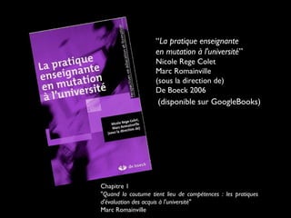 “La pratique enseignante
en mutation à l'université”
Nicole Rege Colet
Marc Romainville
(sous la direction de)
De Boeck 2006
Chapitre 1
"Quand la coutume tient lieu de compétences : les pratiques
d'évaluation des acquis à l'université"
Marc Romainville
(disponible sur GoogleBooks)
 