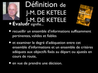 Définition de
J-M. DE KETELE
J-M. DE KETELE
•Évaluer signifie...
• recueillir un ensemble d’informations suffisamment
pertinentes, valides et fiables
• et examiner le degré d’adéquation entre cet
ensemble d’informations et un ensemble de critères
adéquats aux objectifs fixés au départ ou ajustés en
cours de route,
• en vue de prendre une décision.
 