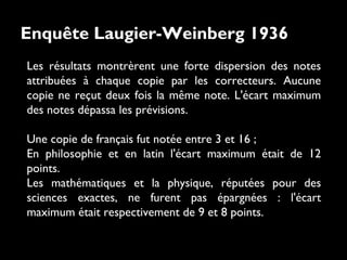 Les résultats montrèrent une forte dispersion des notes
attribuées à chaque copie par les correcteurs. Aucune
copie ne reçut deux fois la même note. L'écart maximum
des notes dépassa les prévisions.
Une copie de français fut notée entre 3 et 16 ;
En philosophie et en latin l'écart maximum était de 12
points.
Les mathématiques et la physique, réputées pour des
sciences exactes, ne furent pas épargnées : l'écart
maximum était respectivement de 9 et 8 points.
Enquête Laugier-Weinberg 1936
 