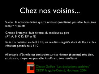 Chez nos voisins...
Suède : la notation définit quatre niveaux (insuffisant, passable, bien, très
bien) = 4 points
Grande Bretagne : huit niveaux du meilleur au pire
(A*, A, B, C D, E,F et G)
Italie : la notation va de 0 à 10, les résultats négatifs allant de 0 à 5 et les
résultats positifs de 6 à 10
Allemagne : l’échelle est construite sur six niveaux (6 points) très bien,
satisfaisant, moyen ou passable, insuffisant, très insuffisant
31
Claude Guillon “Les évaluations scolaires”
CRDP Franche-Comté, Hachette, 2004
 