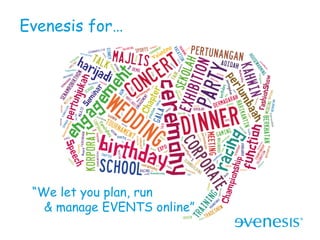Evenesis for…




 “We let you plan, run
   & manage EVENTS online”
 