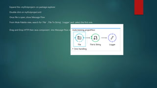 Expand the «myfirstproject» on package explorer
Double click on myfirstproject.xml
Once file is open, show Message Flow
From Mule Palette view, search for ‘File’ ,‘File To String’ ,‘Logger’ and select the first one.
Drag and Drop HTTP then Java component into Message Flow view.
 