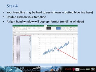 STEP 4
• Your trendline may be hard to see (shown in dotted blue line here)
• Double-click on your trendline
• A right hand window will pop up (format trendline window)
 