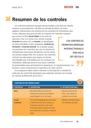 EXCEL 2013 301
www.redusers.com
Resumen de los controles
Los controles permiten agregar interactividad a una hoja de cálculo,
mejorar su presentación y facilitar la entrada de datos. En estas
páginas realizaremos una síntesis de los controles de formularios que
vimos. Sabemos que para acceder al conjunto de controles tenemos
que activar la ficha Desarrollador en la cinta de
opciones. Una vez hecho esto, desde el grupo
Controles hacemos clic en Insertar; se desplegará
un menú dividido en dos categorías: Controles de
formulario y Controles ActiveX. En el primer grupo
encontramos los controles que nos resultarán de
utilidad para interactuar fácilmente con los datos
sin utilizar código VBA. Por su parte, los controles
ActiveX son adecuados para lograr un diseño
más flexible que el brindado por los controles de
formulario, dado que poseen una mayor cantidad
de propiedades para personalizar la apariencia, el comportamiento, las
fuentes y otras características específicas de cada control.
En la siguiente tabla vamos a detallar la descripción y utilidad de
cada tipo de control de formulario que podemos insertar en las hojas
de cálculo de Microsoft Excel 2013.
LOS CONTROLES
PERMITEN AGREGAR
INTERACTIVIDAD A
UNA HOJA
DE CÁLCULO
CONTROLES DE FORMULARIO
▼ CONTROLES ▼ DESCRIPCIÓN ▼ SE PUEDE USAR PARA…
Botón Nos permite definir en una macro la
secuencia de acciones que se realizarán
cuando hagamos clic en este botón.
Ejecutar acciones de una
macro, como calcular el
resultado de una fórmula.
Cuadro
combinado
Crea una lista desplegable para seleccionar
un elemento de ella, que se mostrará en
la celda que asociemos a este control.
Previamente, debemos ingresar los datos
que mostraremos en la lista en un rango de
celdas.
Restringir la entrada de datos
a los elementos de la lista.
 