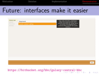 Motivation       Solution      Implementation       Demonstration



Future: interfaces make it easier




     https://bitbucket.org/hbc/galaxy-central-hbc
 