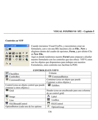 136
VISUAL FOXPRO 9.0 SP2 – Capitulo 5
Controles en VFP
Cuando iniciamos Visual FoxPro, y necesitemos crear un
formulario, con o sin una BD, hacemos clic en File , New y
elegimos dentro del cuadro de opciones, Form, y por ultimo Clic
en New File.
Aquí es donde tendremos nuestro Form1 para empezar a diseñar
nuestro formulario con los controles que nos ofrece VFP 9, estos
son los objetos que disponemos para trabajar con nuestros
Formularios, estos controles nos facilitan la POO.
CONTROLES EN VFP 9
CheckBox Column
ComboBox CommandButton
CommandGroup Container (crea un objeto que puede
Contener a otros objetos.)
Control (crea un objeto control que puede
contener a otros objetos.)
EditBox
Grid Header (crea un encabezado para una columna
de un control grid)
Image Label
Line ListBox
OLEBoundControl OLEControl
OptionButton (cada una de los options OptionGroup
 