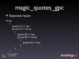 magic_quotes_gpc Expected result: Array (   [scalar\'1] => foo   [array\'1] => Array   (   [scalar\'2] => foo   [array\'2] => Array   (   [scalar\'3] => foo   )   ) )‏ 
