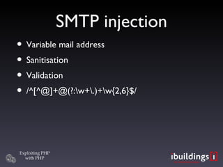 SMTP injection Variable mail address Sanitisation Validation /^[^@]+@(?:\w+\.)+\w{2,6}$/ 