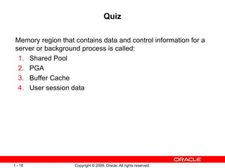 Copyright © 2009, Oracle. All rights reserved.
1 - 18
Quiz
Memory region that contains data and control information for a
server or background process is called:
1. Shared Pool
2. PGA
3. Buffer Cache
4. User session data
 