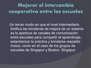 Mejorar el intercambio
cooperativo entre las escuelas
Un tercer modo en que el nivel intermediario
fortifica las iniciativas de mejora de un sistema
es la apertura de canales de comunicación
entre escuelas para compartir el aprendizaje,
estandarizar la práctica y brindarse respaldo
mutuo, como en el caso de los grupos de
escuelas de Singapur y Boston. Singapur
 