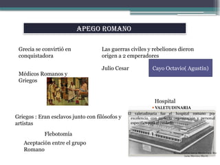 Apego romano
Grecia se convirtió en
conquistadora
Las guerras civiles y rebeliones dieron
origen a 2 emperadores
Julio Cesar Cayo Octavio( Agustín)
Médicos Romanos y
Griegos
Griegos : Eran esclavos junto con filósofos y
artistas
Hospital
Flebotomía
Aceptación entre el grupo
Romano
 