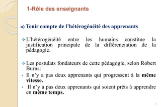 1-Rôle des enseignants
a) Tenir compte de l’hétérogénéité des apprenants
L’hétérogénéité entre les humains constitue la
justification principale de la différenciation de la
pédagogie.
Les postulats fondateurs de cette pédagogie, selon Robert
Burns:
• Il n’y a pas deux apprenants qui progressent à la même
vitesse.
• Il n’y a pas deux apprenants qui soient prêts à apprendre
en même temps.
5
 