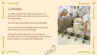 5. Moulage:
Le caillé est placé dans des moules pour lui
donner la forme souhaitée, et pour poursuivre
son égouttage :
•soit de façon spontanée, dans des faisselles
•soit en pressant le fromage dans son moule
pour l’essorer encore davantage.
De manière générale, plus un fromage est
humide, plus sa vie microbiologique sera riche et
moins il pourra se conserver longtemps
14
 
