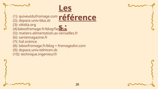 Les
référence
s :
(1): quiveutdufromage.com
(2): dspace.univ-bba.dz
(3): vikidia.org
(4):laboxfromage.fr/blog/familles
(5): matiers-alimentation.ac-versailles.fr
(6): santemagazine.fr
(7): hal.science
(8): laboxfromage.fr/blog + fromagedixi.com
(9): dspace.univ-telmcen.dz
(10): technique.ingenieur.fr
26
 
