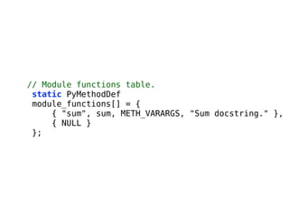 // Module functions table.
static PyMethodDef
module_functions[] = {
{ "sum", sum, METH_VARARGS, "Sum docstring." },
{ NULL }
};
 