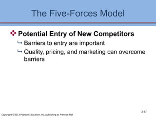 The Five-Forces Model
Potential Entry of New Competitors
 Barriers to entry are important
 Quality, pricing, and marketing can overcome
barriers
3-37
Copyright ©2013 Pearson Education, Inc. publishing as Prentice Hall
 