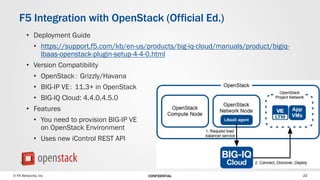 © F5 Networks, Inc 22CONFIDENTIAL
• Deployment Guide
• https://support.f5.com/kb/en-us/products/big-iq-cloud/manuals/product/bigiq-
lbaas-openstack-plugin-setup-4-4-0.html
• Version Compatibility
• OpenStack： Grizzly/Havana
• BIG-IP VE： 11.3+ in OpenStack
• BIG-IQ Cloud: 4.4.0,4.5.0
• Features
• You need to provision BIG-IP VE
on OpenStack Environment
• Uses new iControl REST API
F5 Integration with OpenStack (Official Ed.)
 