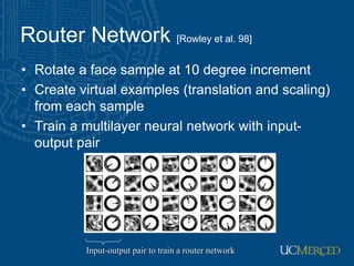 Router Network [Rowley et al. 98]
• Rotate a face sample at 10 degree increment
• Create virtual examples (translation and scaling)
from each sample
• Train a multilayer neural network with input-
output pair
Input-output pair to train a router network
 