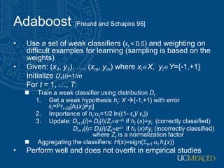 Adaboost [Freund and Schapire 95]
• Use a set of weak classifiers (εt < 0.5) and weighting on
difficult examples for learning (sampling is based on the
weights)
• Given: (x1, y1), …, (xm, ym) where xiX, yiY={-1,+1}
Initialize D1(i)=1/m
For t = 1, …, T:
 Train a weak classifier using distribution Dt
1. Get a weak hypothesis ht: X {-1,+1} with error
εt=Pri~Dt[ht(xi)≠yi]
2. Importance of ht:t=1/2 ln((1- εt)/ εt))
3. Update: Dt+1(i)= Dt(i)/Zte-t if ht (x)=yi (correctly classified)
Dt+1(i)= Dt(i)/Ztet if ht (x)≠yi (incorrectly classified)
where Zt is a normalization factor
 Aggregating the classifiers: H(x)=sign(t=1 t ht(x))
• Perform well and does not overfit in empirical studies
 