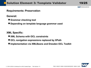 Solution Element 3: Template Validator
Requirements: Preservation
General:
 Grammar checking tool
 Depending on template language grammar used

XML Specific:
 XML Schema with OCL constraints
 OCL navigation expressions replaced by XPath
 Implementation via XMLBeans and Dresden OCL Toolkit

© SAP AG 2006, An Architecture for an XML-Template Engine… / Falk Hartmann / 19

19/25

 