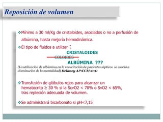 Reposición de volumen
Mínimo a 30 ml/Kg de cristaloides, asociados o no a perfusión de
albúmina, hasta mejoría hemodinámica.
El tipo de fluidos a utilizar :
CRISTALOIDES
COLOIDES
ALBÚMINA ???
(La utilización de albúmina en la resucitación de pacientes sépticos se asoció a
disminución de la mortalidad) Delaney AP:CCM 2011
Transfusión de glóbulos rojos para alcanzar un
hematocrito ≥ 30 % si la ScvO2 < 70% o SvO2 < 65%,
tras repleción adecuada de volumen.
Se administrará bicarbonato si pH<7,15
 