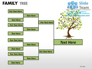 FAMILY TREE
  Put Text Here
                   Text Here
    Text Here
                                Put Text Here
   Put Text Here
                   Text Here
    Text Here

   Put Text Here
                   Text Here
                                                Text Here
    Text Here
                               Put Text Here
   Put Text Here
                   Text Here
    Text Here
                                                            Your Logo
 