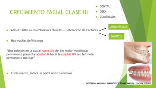 CRECIMIENTO FACIAL CLASE III
u ANGLE 1988 Las maloclusiones clase III --- Interacción de Factores
u Hay muchas definiciones
“Una oclusión en la cual el surco MV del 1er molar mandibular
permanente presenta oclusión M hacia la cúspide MV del 1er molar
permanente maxilar”
u Clínicamente, indica un perfil recto o cóncavo
AMBIENTALES
INNATOS
u DENTAL
u OSEA
u COMBINADA
ORTOPEDIA MAXILAR Y DIAGNOSTICO TOMAS RAKOSY , EDICION 1 -2007
 