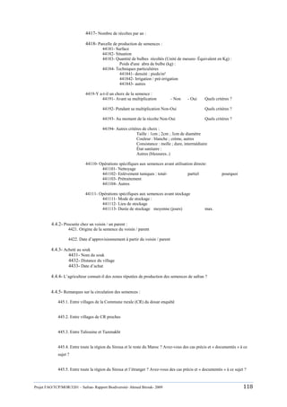 Projet FAO/TCP/MOR/3201 – Safran- Rapport Biodiversité- Ahmed Birouk- 2009 118
4417- Nombre de récoltes par an :
4418- Parcelle de production de semences :
44181- Surface
44182- Situation
44183- Quantité de bulbes récoltés (Unité de mesure- Équivalent en Kg) :
Poids d'une abra de bulbe (kg) :
44184- Techniques particulières
441841- densité : pieds/m²
441842- Irrigation / pré-irrigation
441843- autres
4419-Y a-t-il un choix de la semence :
44191- Avant sa multiplication - Non - Oui Quels critères ?
44192- Pendant sa multiplication Non-Oui Quels critères ?
44193- Au moment de la récolte Non-Oui Quels critères ?
44194- Autres critères de choix :
Taille : 1cm ; 2cm ; 3cm de diamètre
Couleur : blanche ; crème, autres
Consistance : molle ; dure, intermédiaire
État sanitaire :
Autres (blessures..)
44110- Opérations spécifiques aux semences avant utilisation directe:
441101- Nettoyage
441102- Enlèvement tuniques : total- partiel pourquoi
441103- Prétraitement
441104- Autres
44111- Opérations spécifiques aux semences avant stockage
441111- Mode de stockage :
441112- Lieu de stockage
441113- Durée de stockage moyenne (jours) max.
4.4.2- Procurée chez un voisin / un parent :
4421. Origine de la semence du voisin / parent
4422. Date d‟approvisionnement à partir du voisin / parent
4.4.3- Acheté au souk
4431- Nom du souk
4432- Distance du village
4433- Date d‟achat
4.4.4- L‟agriculteur connait-il des zones réputées de production des semences de safran ?
4.4.5- Remarques sur la circulation des semences :
445.1. Entre villages de la Commune rurale (CR) du douar enquêté
445.2. Entre villages de CR proches
445.3. Entre Taliouine et Tazenakht
445.4. Entre toute la région du Siroua et le reste du Maroc ? Avez-vous des cas précis et « documentés » à ce
sujet ?
445.5. Entre toute la région du Siroua et l‟étranger ? Avez-vous des cas précis et « documentés » à ce sujet ?
 