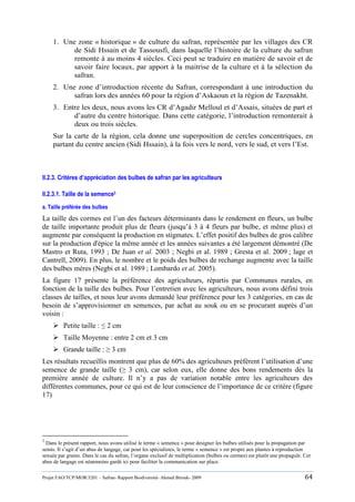 Projet FAO/TCP/MOR/3201 – Safran- Rapport Biodiversité- Ahmed Birouk- 2009 64
1. Une zone « historique » de culture du safran, représentée par les villages des CR
de Sidi Hssain et de Tassousfi, dans laquelle l‟histoire de la culture du safran
remonte à au moins 4 siècles. Ceci peut se traduire en matière de savoir et de
savoir faire locaux, par apport à la maitrise de la culture et à la sélection du
safran.
2. Une zone d‟introduction récente du Safran, correspondant à une introduction du
safran lors des années 60 pour la région d‟Askaoun et la région de Tazenakht.
3. Entre les deux, nous avons les CR d‟Agadir Melloul et d‟Assais, situées de part et
d‟autre du centre historique. Dans cette catégorie, l‟introduction remonterait à
deux ou trois siècles.
Sur la carte de la région, cela donne une superposition de cercles concentriques, en
partant du centre ancien (Sidi Hssain), à la fois vers le nord, vers le sud, et vers l‟Est.
II.2.3. Critères d’appréciation des bulbes de safran par les agriculteurs
II.2.3.1. Taille de la semence3
a. Taille préférée des bulbes
La taille des cormes est l‟un des facteurs déterminants dans le rendement en fleurs, un bulbe
de taille importante produit plus de fleurs (jusqu‟à 3 à 4 fleurs par bulbe, et même plus) et
augmente par conséquent la production en stigmates. L‟effet positif des bulbes de gros calibre
sur la production d'épice la même année et les années suivantes a été largement démontré (De
Mastro et Ruta, 1993 ; De Juan et al. 2003 ; Negbi et al. 1989 ; Gresta et al. 2009 ; lage et
Cantrell, 2009). En plus, le nombre et le poids des bulbes de rechange augmente avec la taille
des bulbes mères (Negbi et al. 1989 ; Lombardo et al. 2005).
La figure 17 présente la préférence des agriculteurs, répartis par Communes rurales, en
fonction de la taille des bulbes. Pour l‟entretien avec les agriculteurs, nous avons défini trois
classes de tailles, et nous leur avons demandé leur préférence pour les 3 catégories, en cas de
besoin de s‟approvisionner en semences, par achat au souk ou en se procurant auprès d‟un
voisin :
 Petite taille : ≤ 2 cm
 Taille Moyenne : entre 2 cm et 3 cm
 Grande taille : ≥ 3 cm
Les résultats recueillis montrent que plus de 60% des agriculteurs préfèrent l‟utilisation d‟une
semence de grande taille (≥ 3 cm), car selon eux, elle donne des bons rendements dès la
première année de culture. Il n‟y a pas de variation notable entre les agriculteurs des
différentes communes, pour ce qui est de leur conscience de l‟importance de ce critère (figure
17)
3
Dans le présent rapport, nous avons utilisé le terme « semence » pour designer les bulbes utilisés pour la propagation par
semis. Il s‟agit d‟un abus de langage, car pour les spécialistes, le terme « semence » est propre aux plantes à reproduction
sexuée par graine. Dans le cas du safran, l‟organe exclusif de multiplication (bulbes ou cormes) est plutôt une propagule. Cet
abus de langage est néanmoins gardé ici pour faciliter la communication sur place.
 