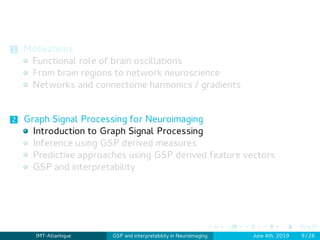 1 Motivations
Functional role of brain oscillations
From brain regions to network neuroscience
Networks and connectome harmonics / gradients
2 Graph Signal Processing for Neuroimaging
Introduction to Graph Signal Processing
Inference using GSP derived measures
Predictive approaches using GSP derived feature vectors
GSP and interpretability
IMT-Atlantique GSP and interpretability in Neuroimaging June 4th, 2019 9 / 26
 