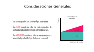 Consideraciones Generales
Los costos pueden ser también fijos o variables.
Son FIJOS cuando su valor no varía respecto a la
cantidad producida (ejm. Pago del recibo de luz).
Son VARIABLES cuando su valor sí varía respecto a
la cantidad producida (ejm. Bolsas de cemento).
 