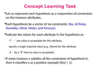 Concept Learning Task
Let us represent each hypothesis as a conjunction of constraints
on the instance attributes..
Each hypothesis be a vector of six constraints: Sky, AirTemp,
Humidity, Wind, Water, and Forecast.
Indicate the values for each attribute in the hypothesis as-
"?'  any value is acceptable for this attribute,
specify a single required value (e.g., Warm) for the attribute
0 by a "0" that no value is acceptable.
•If some instance x satisfies all the constraints of hypothesis h,
then h classifies x as a positive example (h(x) = 1).
 
