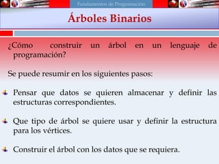 ¿Cómo construir un árbol en un lenguaje de
programación?
Se puede resumir en los siguientes pasos:
Pensar que datos se quieren almacenar y definir las
estructuras correspondientes.
Que tipo de árbol se quiere usar y definir la estructura
para los vértices.
Construir el árbol con los datos que se requiera.
Árboles Binarios
Fundamentos de Programación
 