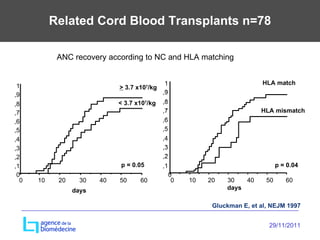 Related Cord Blood Transplants n=78 ANC recovery according to NC and HLA matching days 0 ,1 ,2 ,3 ,4 ,5 ,6 ,7 ,8 ,9 1 0 10 20 30 40 50 60 HLA match HLA mismatch p = 0.04 0 ,1 ,2 ,3 ,4 ,5 ,6 ,7 ,8 ,9 1 0 10 20 30 40 50 60 >  3.7 x10 7 /kg < 3.7 x10 7 /kg p = 0.05 days Gluckman E, et al, NEJM 1997 