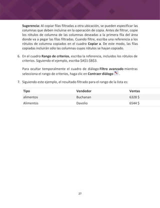 27
6. En el cuadro Rango de criterios, escriba la referencia, incluidos los rótulos de
criterios. Siguiendo el ejemplo, escriba $A$1:$B$3.
Para ocultar temporalmente el cuadro de diálogo Filtro avanzado mientras
selecciona el rango de criterios, haga clic en Contraer diálogo .
7. Siguiendo este ejemplo, el resultado filtrado para el rango de la lista es:
Tipo Vendedor Ventas
alimentos Buchanan 6328 $
Alimentos Davolio 6544 $
Sugerencia: Al copiar filas filtradas a otra ubicación, se pueden especificar las
columnas que deben incluirse en la operación de copia. Antes de filtrar, copie
los rótulos de columna de las columnas deseadas a la primera fila del área
donde va a pegar las filas filtradas. Cuando filtre, escriba una referencia a los
rótulos de columna copiados en el cuadro Copiar a. De este modo, las filas
copiadas incluirán sólo las columnas cuyos rótulos se hayan copiado.
 
