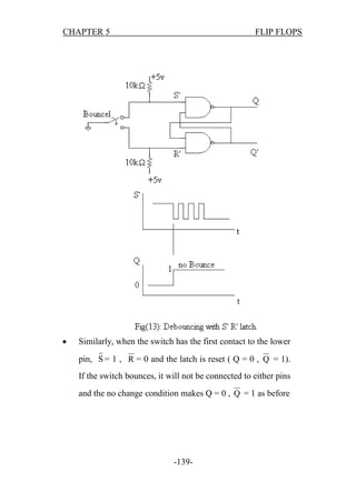 CHAPTER 5



FLIP FLOPS

Similarly, when the switch has the first contact to the lower
pin, S = 1 , R = 0 and the latch is reset ( Q = 0 , Q = 1).
If the switch bounces, it will not be connected to either pins
and the no change condition makes Q = 0 , Q = 1 as before

-139-

 